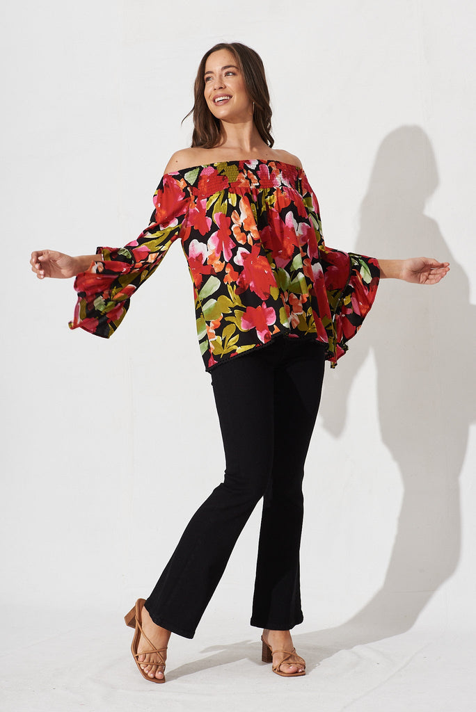 Ezekiel Blouse In Black With Multi Floral - full length