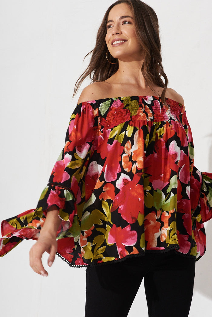 Ezekiel Blouse In Black With Multi Floral - front