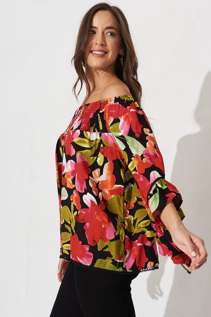 Ezekiel Blouse In Black With Multi Floral - side