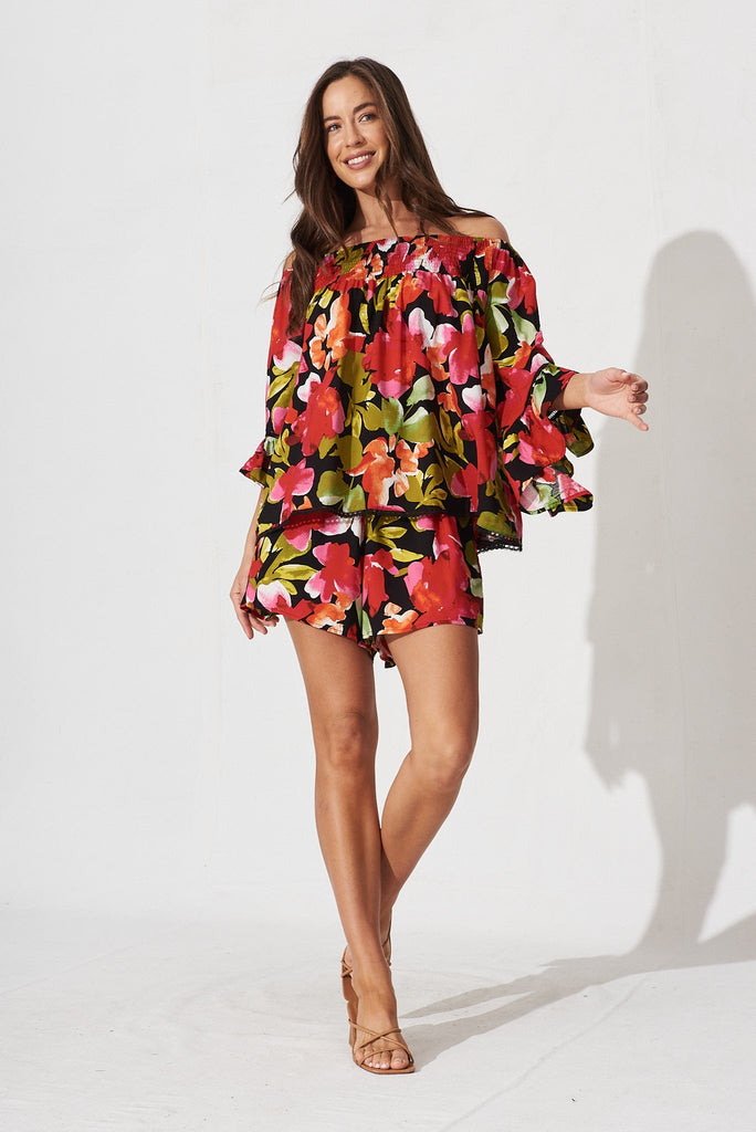 Ezekiel Blouse In Black With Multi Floral - full length
