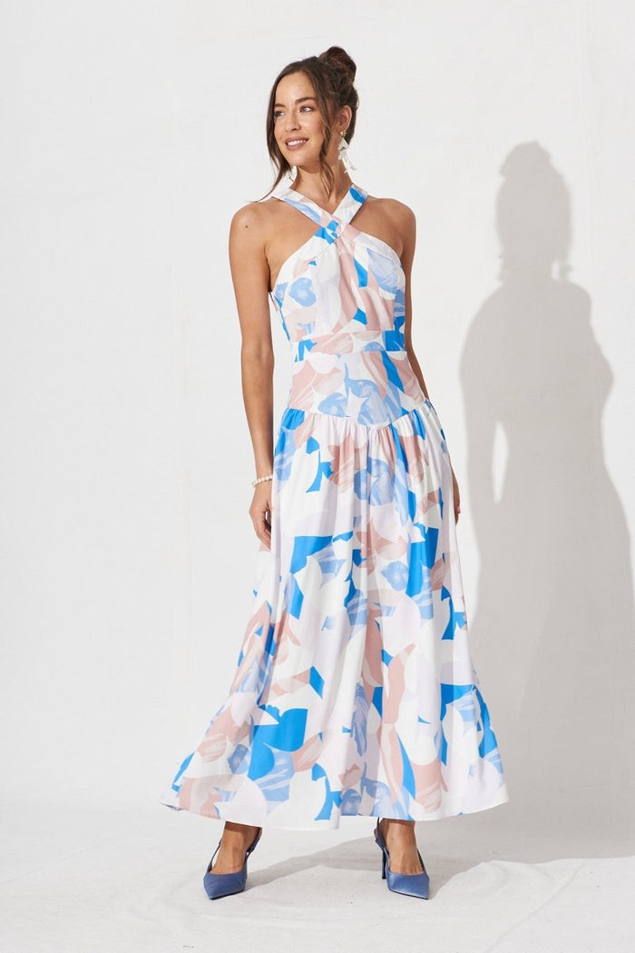 Candice Maxi Dress In White With Blue Floral - St Frock (Dev)