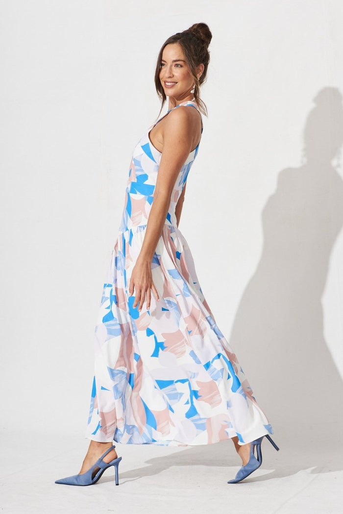 Candice Maxi Dress In White With Blue Floral - St Frock (Dev)