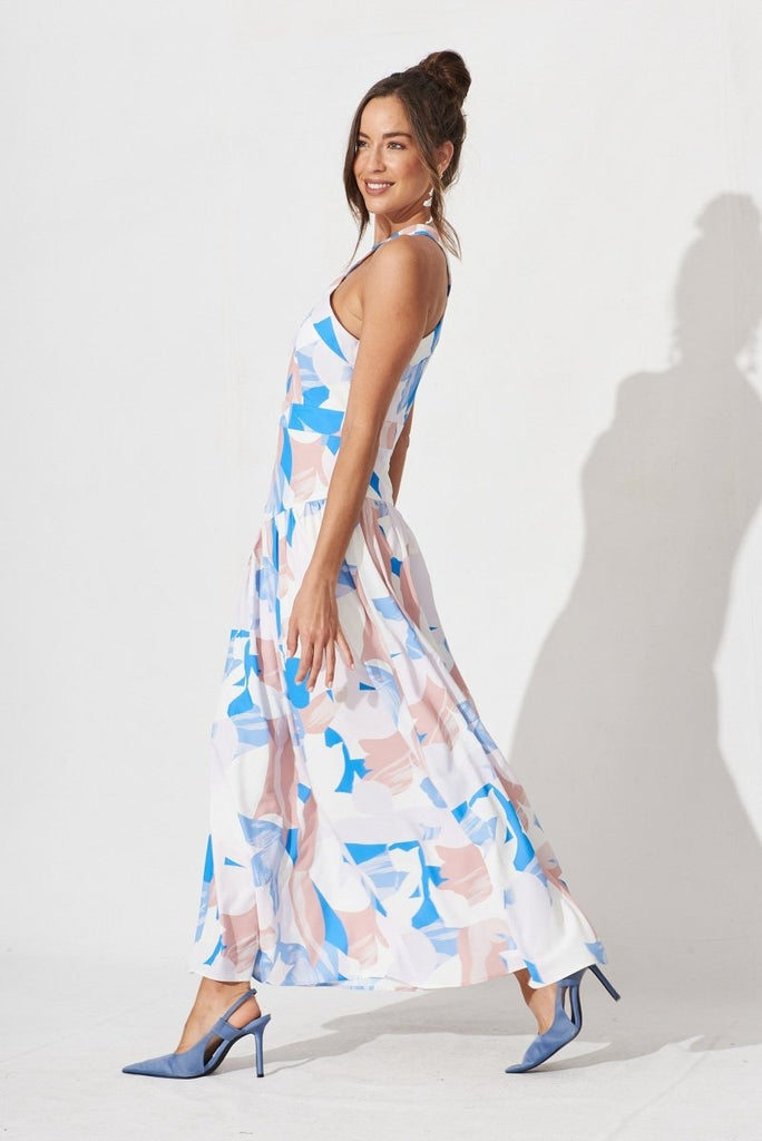 Candice Maxi Dress In White With Blue Floral - St Frock (Dev)