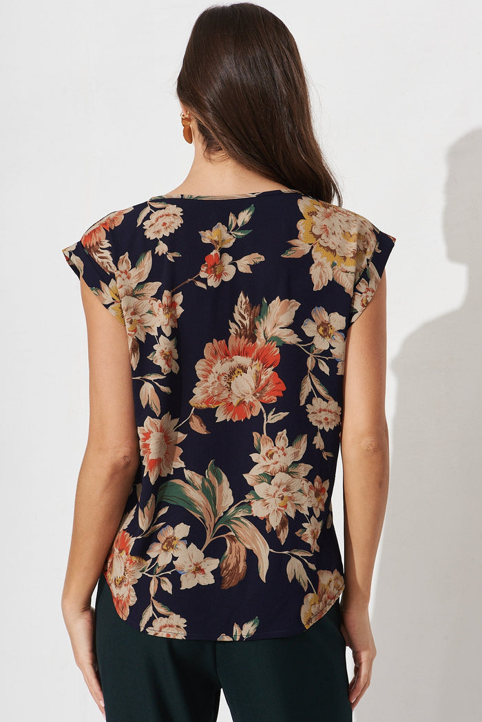 Rejina Top In Navy With Beige Floral Crepe - back