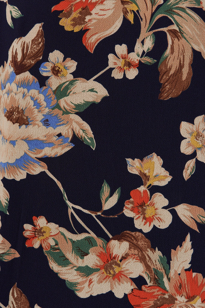 Rejina Top In Navy With Beige Floral Crepe - fabric
