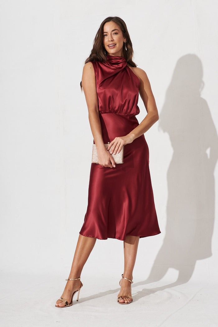 Paris Midi Dress In Wine Satin - full length