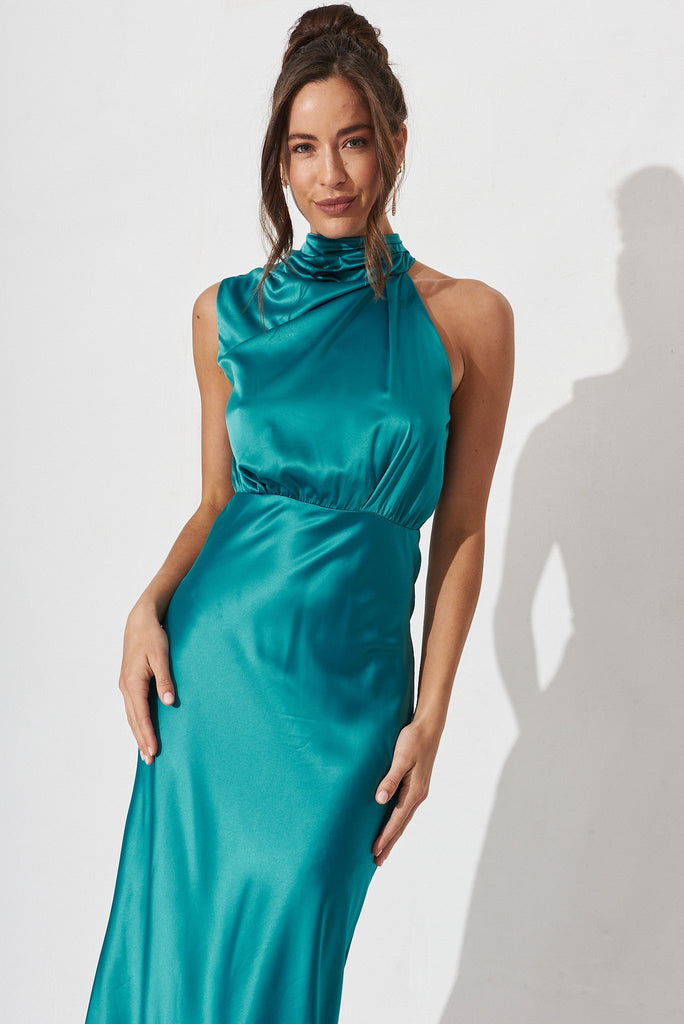 Paris Midi Dress In Teal Satin - front
