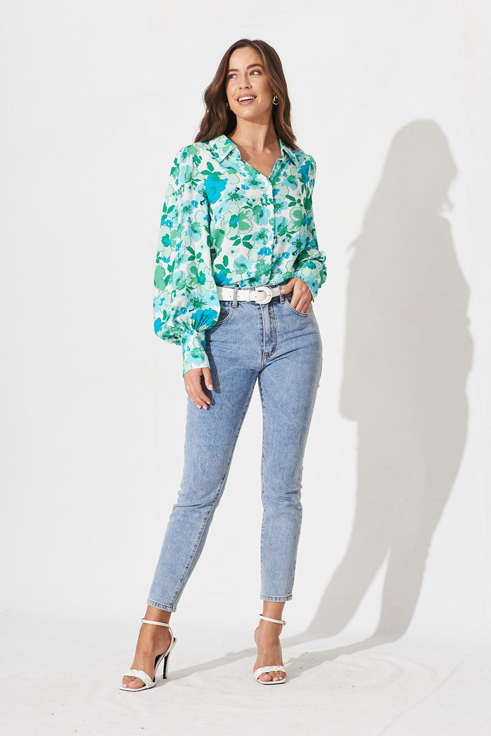 Kendy Shirt In White With Multi Green Floral - full length