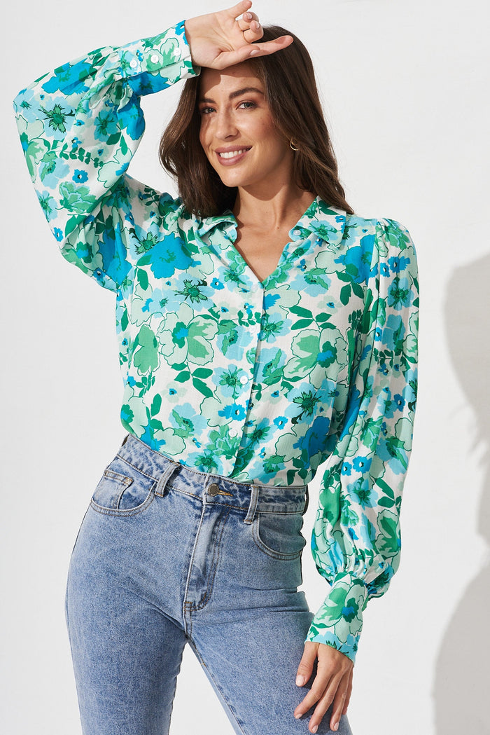 Kendy Shirt In White With Multi Green Floral - front