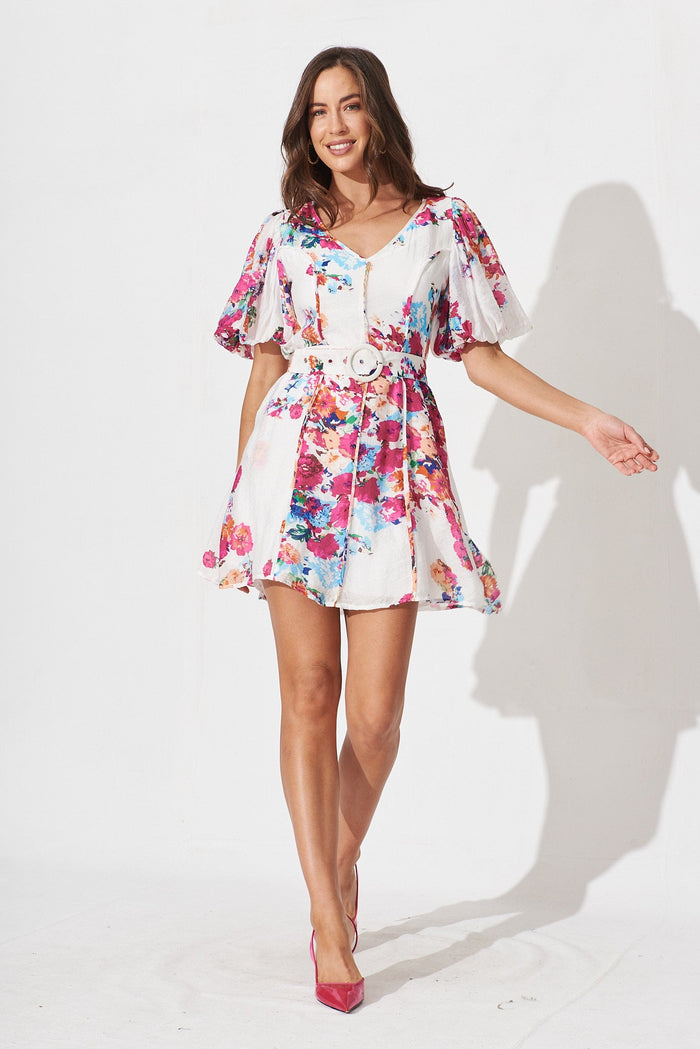 Georgia Dress In White With Purple Floral - full length