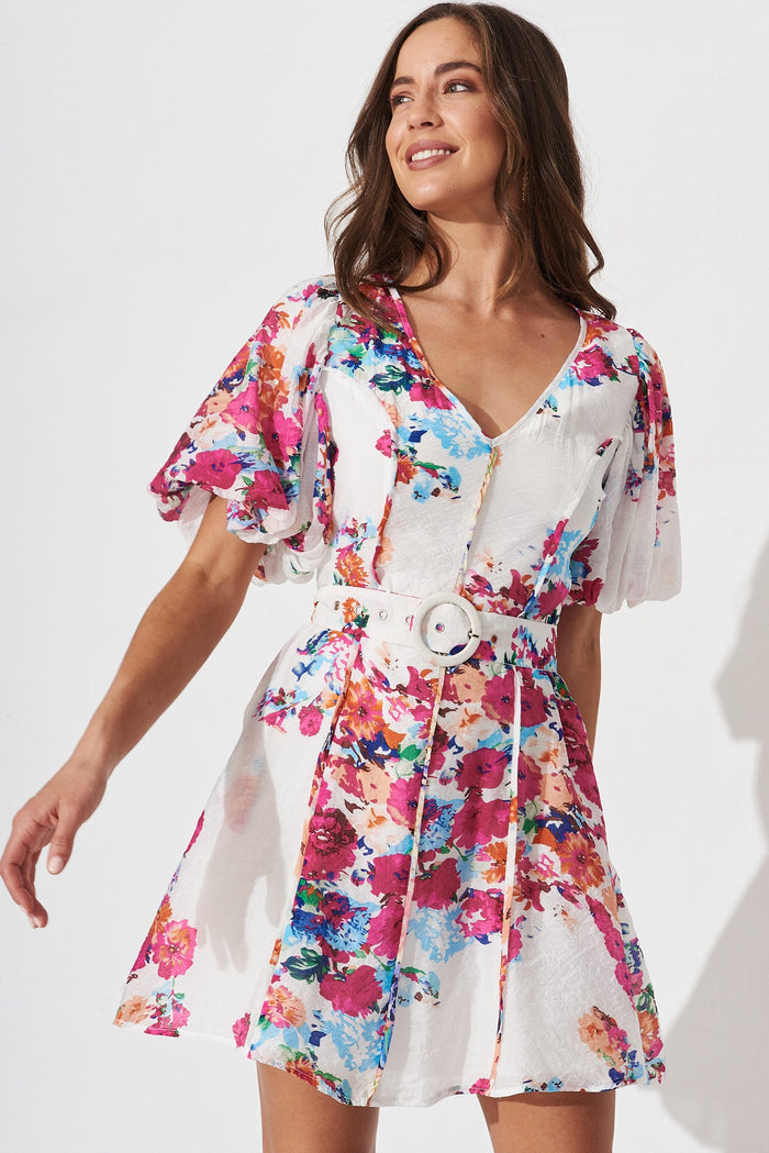 Georgia Dress In White With Purple Floral - front