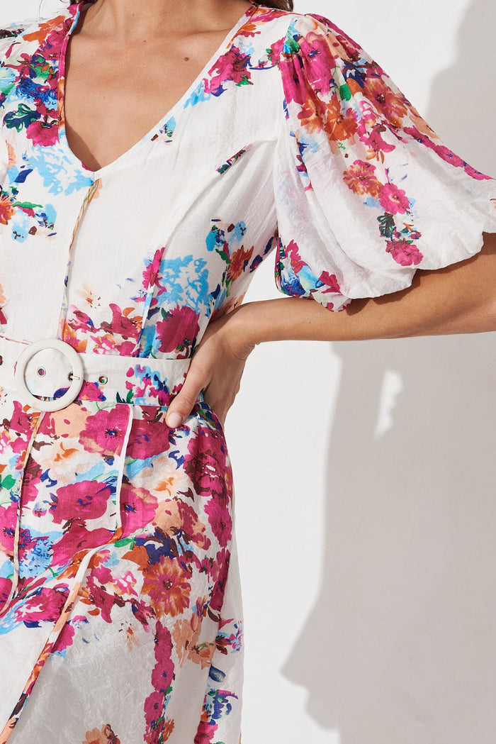 Georgia Dress In White With Purple Floral - detail