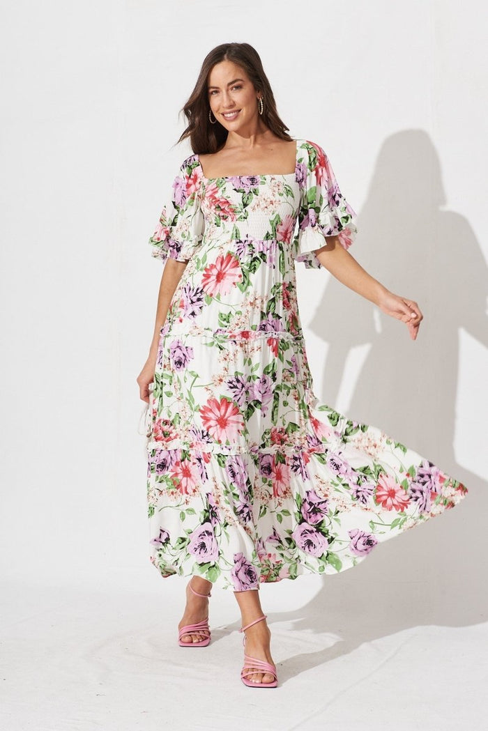 Casia Maxi Dress In White With Multi Floral - St Frock (Dev)