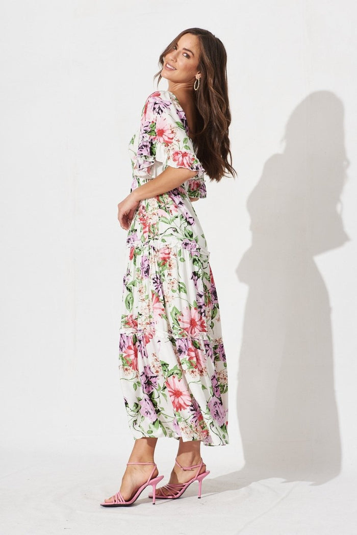 Casia Maxi Dress In White With Multi Floral - St Frock (Dev)