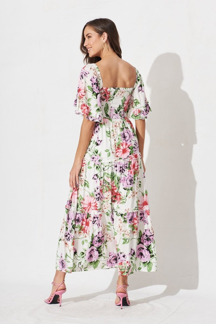 Casia Maxi Dress In White With Multi Floral - St Frock (Dev)