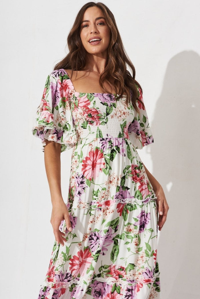 Casia Maxi Dress In White With Multi Floral - St Frock (Dev)
