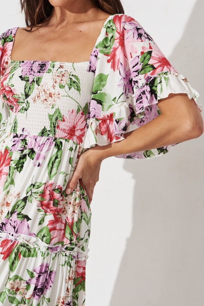 Casia Maxi Dress In White With Multi Floral - St Frock (Dev)