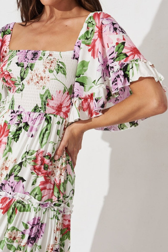 Casia Maxi Dress In White With Multi Floral - St Frock (Dev)