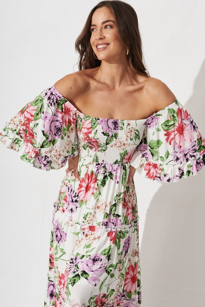 Casia Maxi Dress In White With Multi Floral - St Frock (Dev)