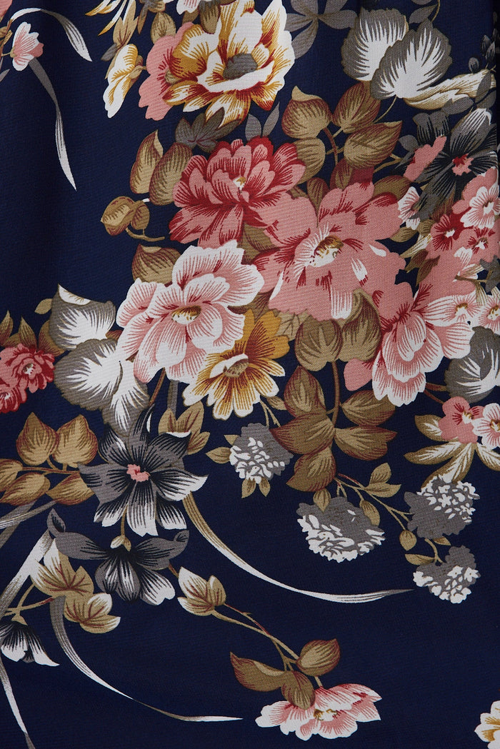 Mischa Maxi Dress In Navy With Pink Floral Chiffon - fabric