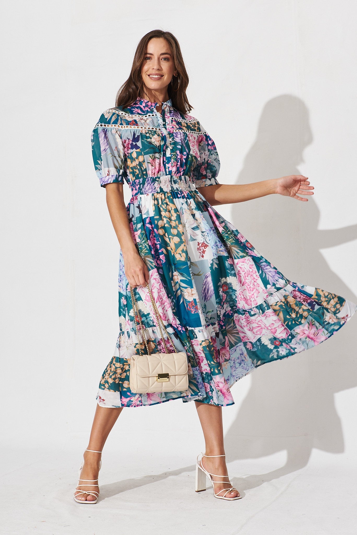 Lynette Midi Dress In Dark Green Patch Floral - full length