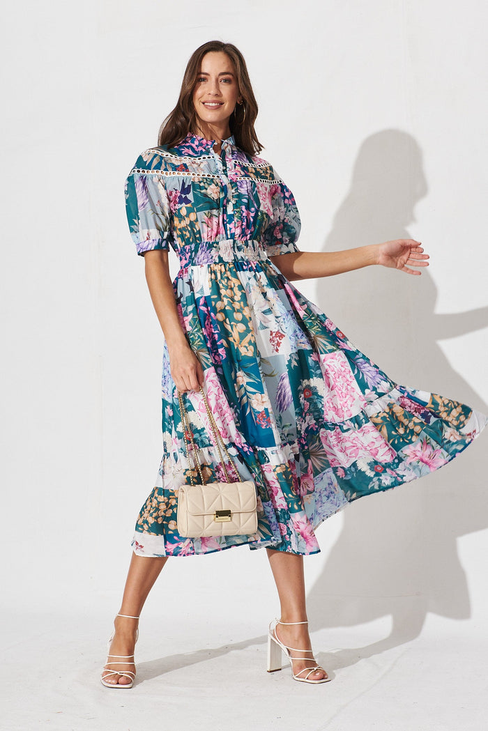 Lynette Midi Dress In Dark Green Patch Floral - full length
