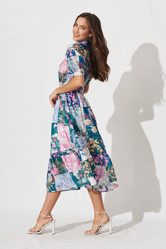 Lynette Midi Dress In Dark Green Patch Floral - side