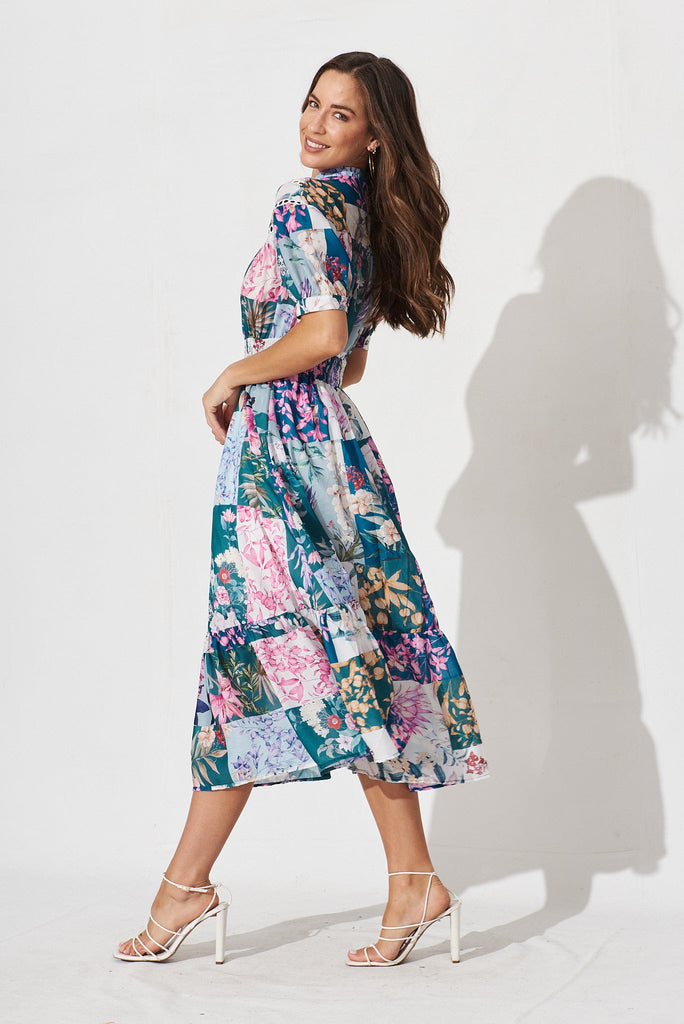 Lynette Midi Dress In Dark Green Patch Floral - side