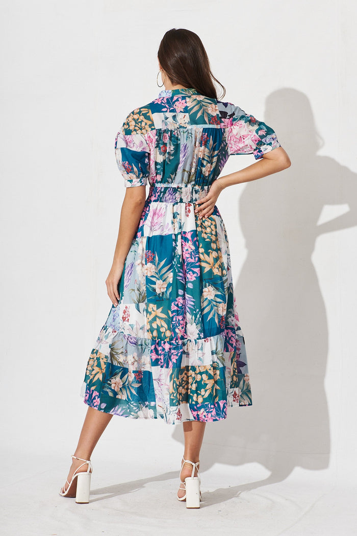 Lynette Midi Dress In Dark Green Patch Floral - back
