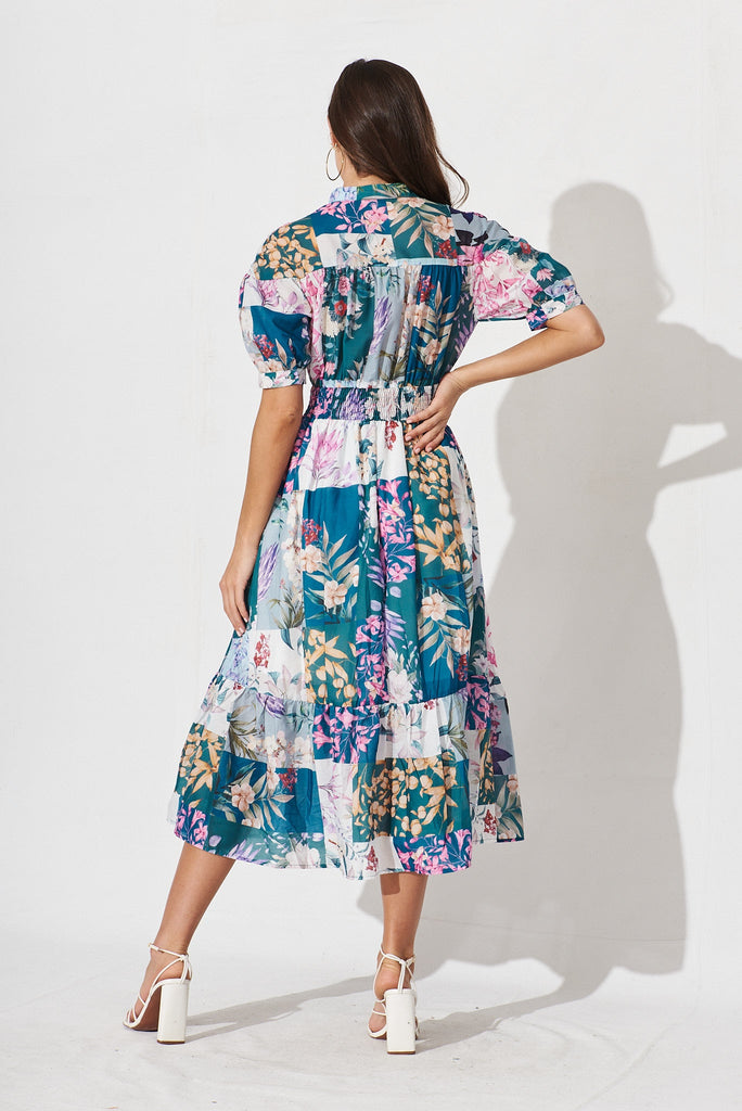 Lynette Midi Dress In Dark Green Patch Floral - back