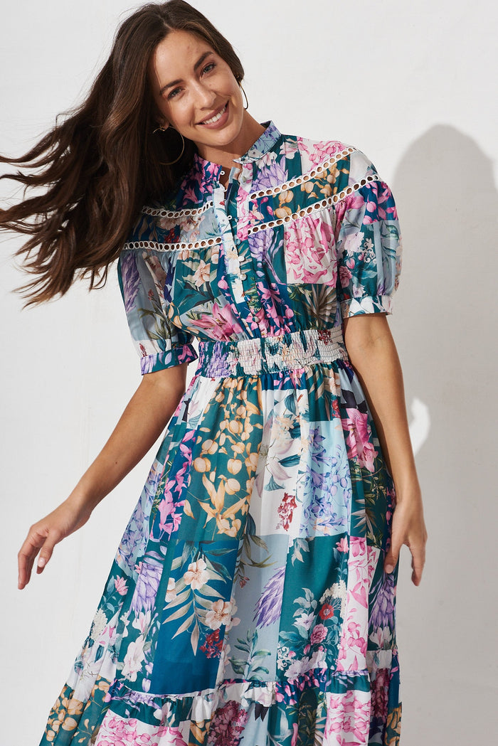 Lynette Midi Dress In Dark Green Patch Floral - front
