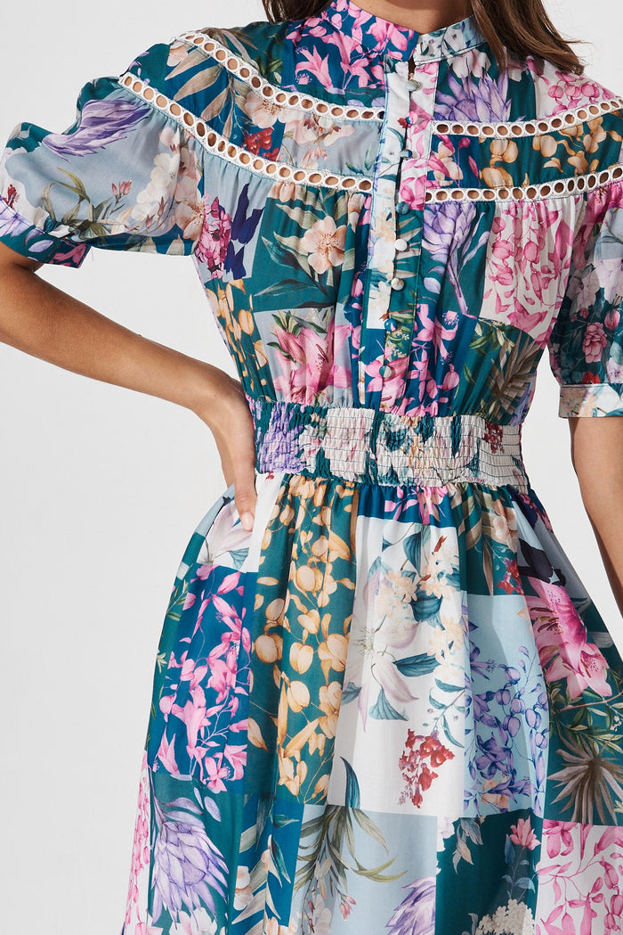Lynette Midi Dress In Dark Green Patch Floral - detail