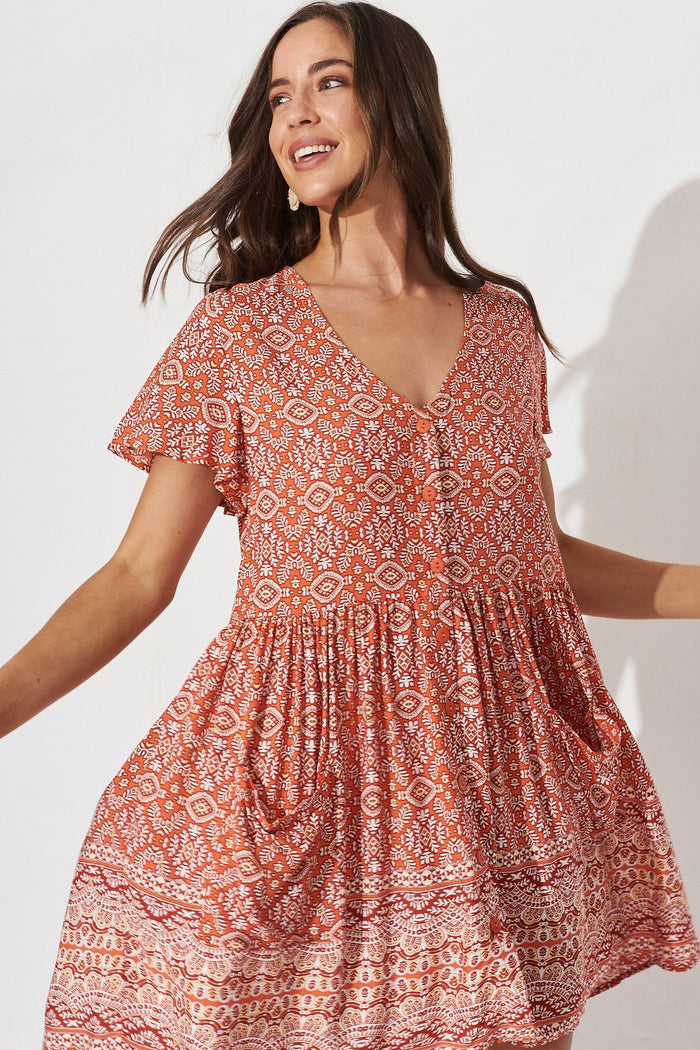 Jocelyn Dress In Rust Boho Print - front