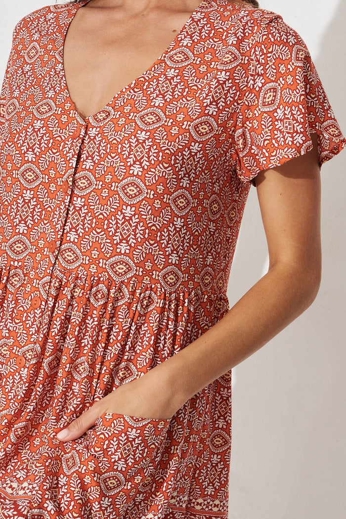 Jocelyn Dress In Rust Boho Print - detail