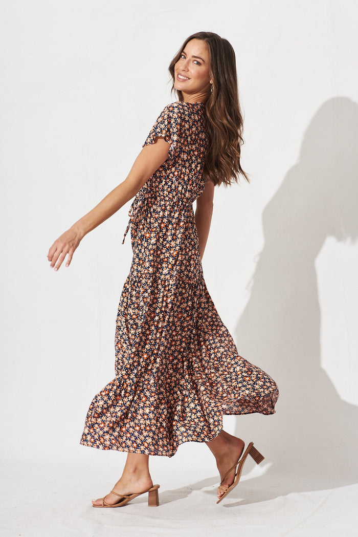 Collins Maxi Dress In Navy With Orange Ditsy Floral - side
