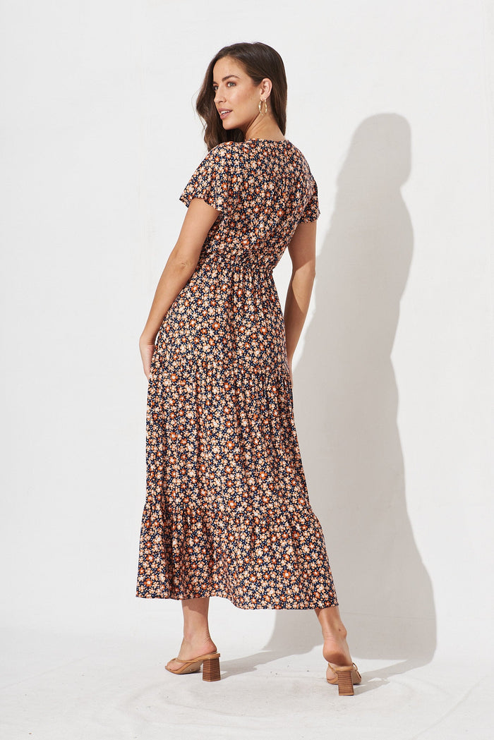 Collins Maxi Dress In Navy With Orange Ditsy Floral - back