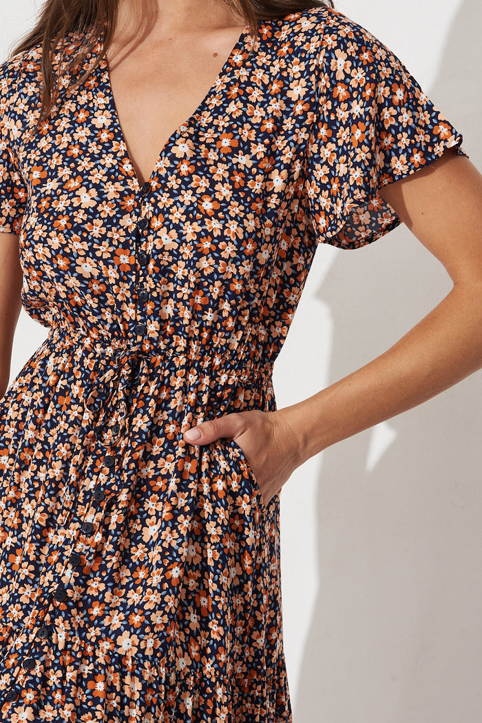 Collins Maxi Dress In Navy With Orange Ditsy Floral - detail