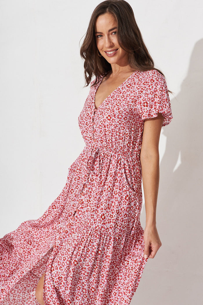 Collins Maxi Dress In Cream With Red Ditsy Print - front
