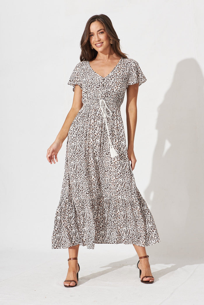 Raelynn Maxi Dress In Cream With Brown Leopard Print - full length