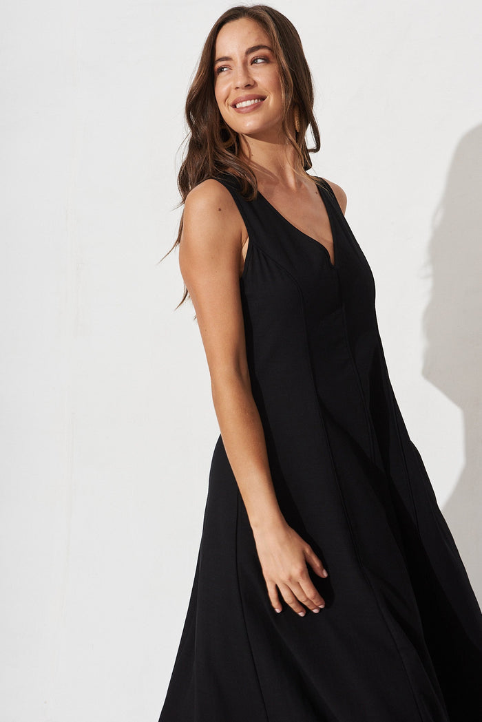 Princessa Midi Dress In Black Linen Blend - front
