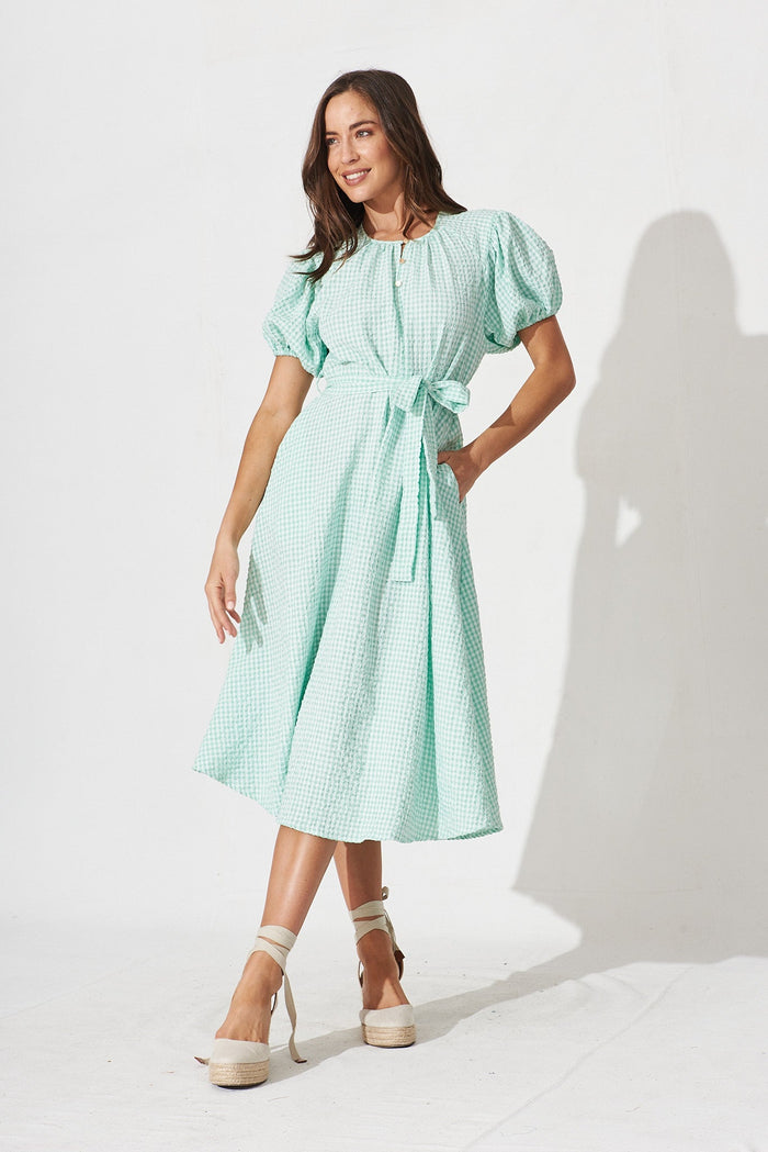 Amadee Midi Dress In Mint Gingham - full length