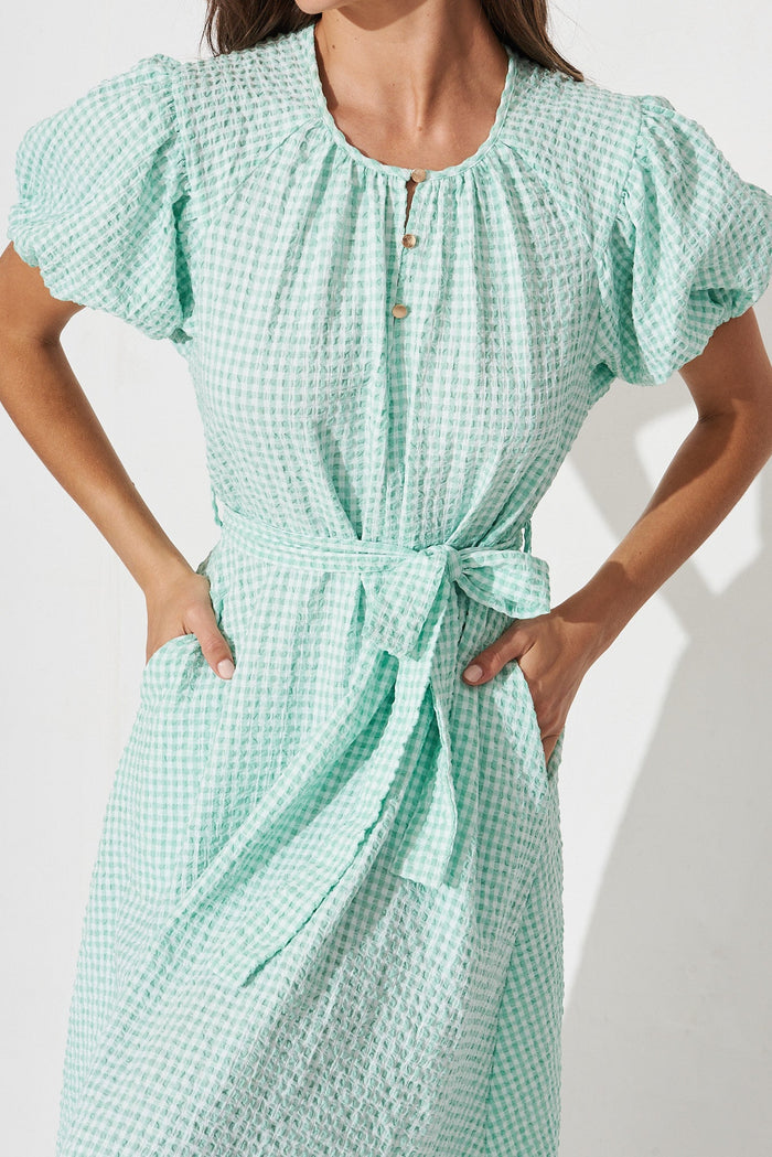 Amadee Midi Dress In Mint Gingham - detail