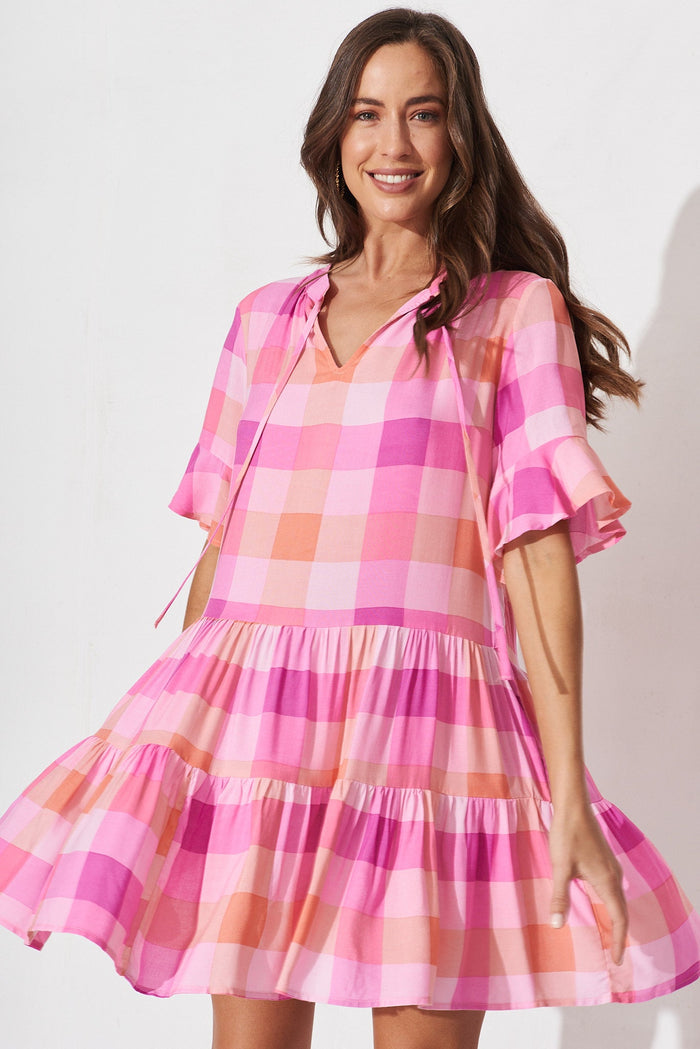 Kabrana Smock Dress In Pink With Purple Gingham - front