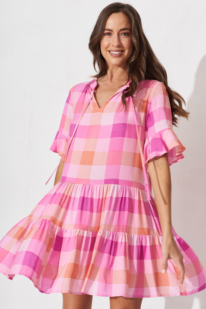 Kabrana Smock Dress In Pink With Purple Gingham - front