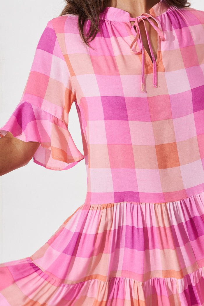 Kabrana Smock Dress In Pink With Purple Gingham - detail