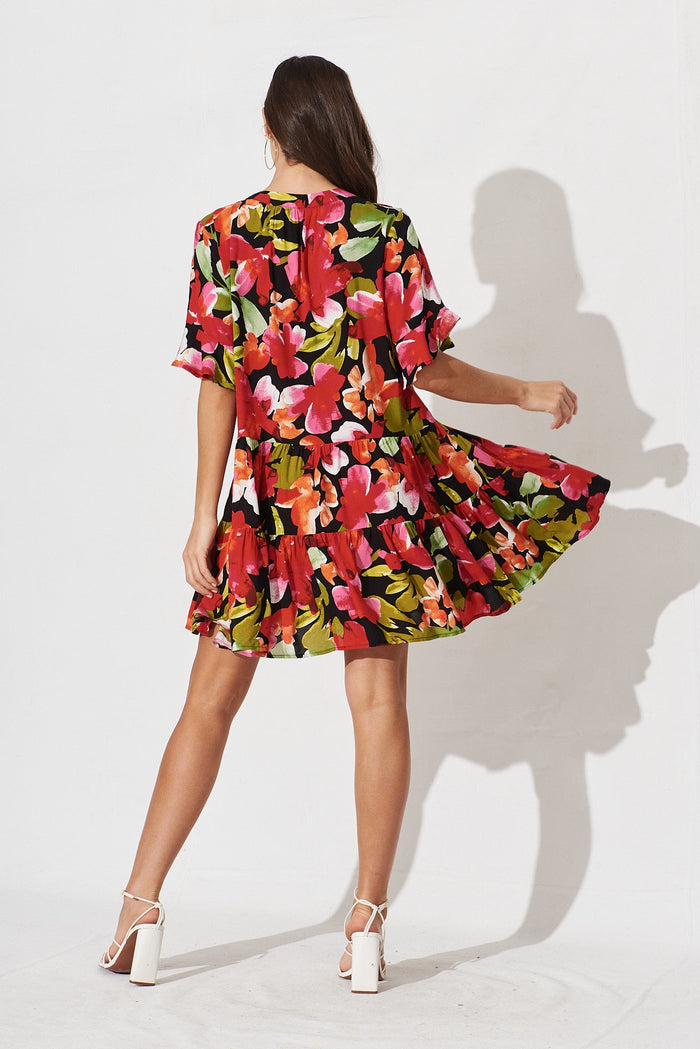 Kabrana Smock Dress In Black With Multi Floral - back