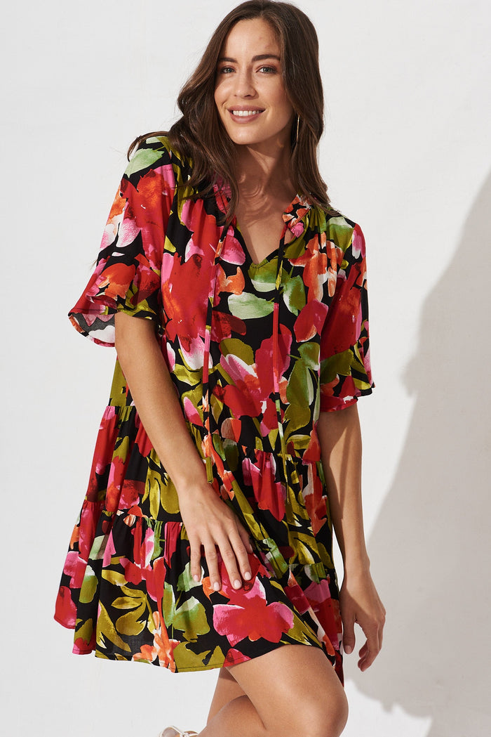 Kabrana Smock Dress In Black With Multi Floral - front