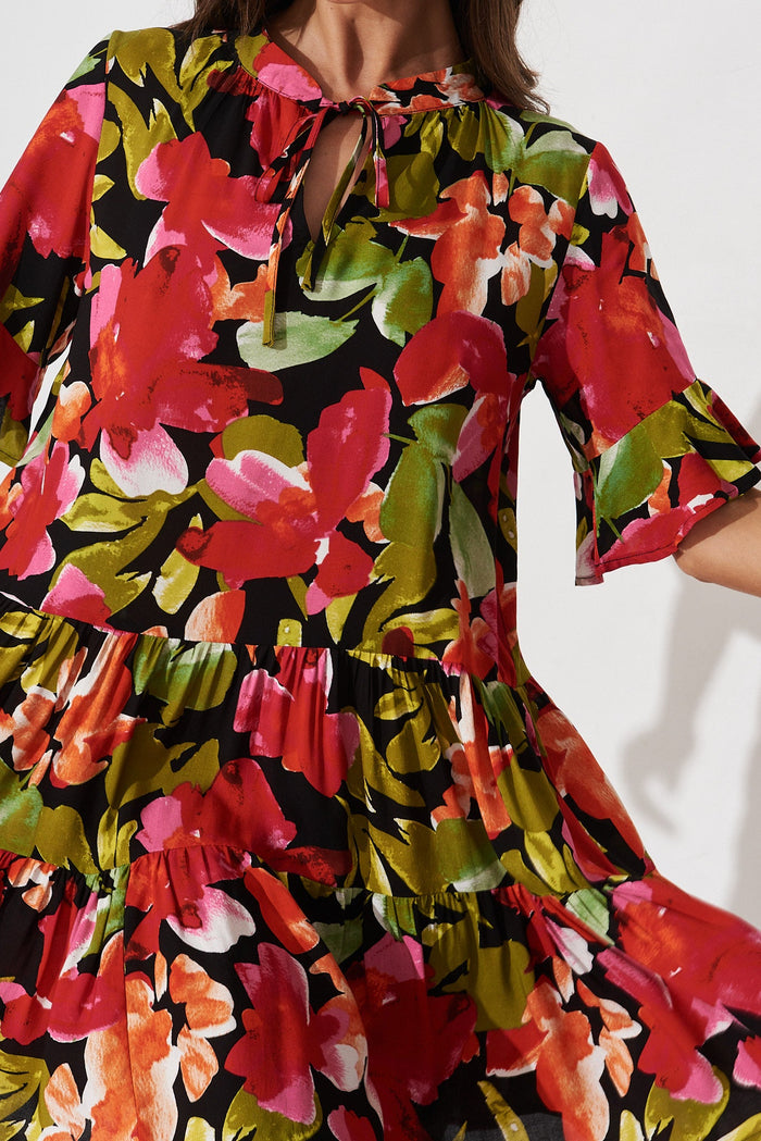 Kabrana Smock Dress In Black With Multi Floral - detail
