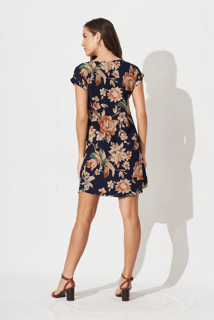 Paradise Shift Dress In Navy With Beige Floral Crepe - back