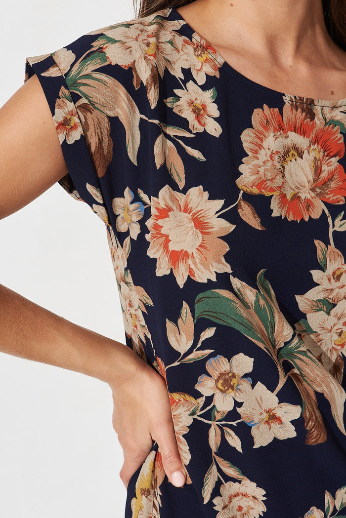 Paradise Shift Dress In Navy With Beige Floral Crepe - detail